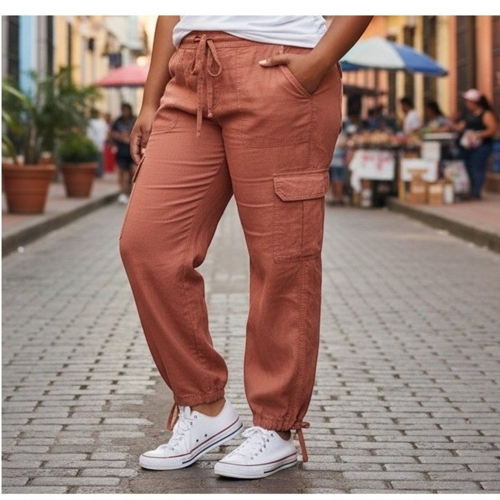 American Eagle Terracotta Linen Blend Cargo Jogger Pants Women 18 Drawstring Hem